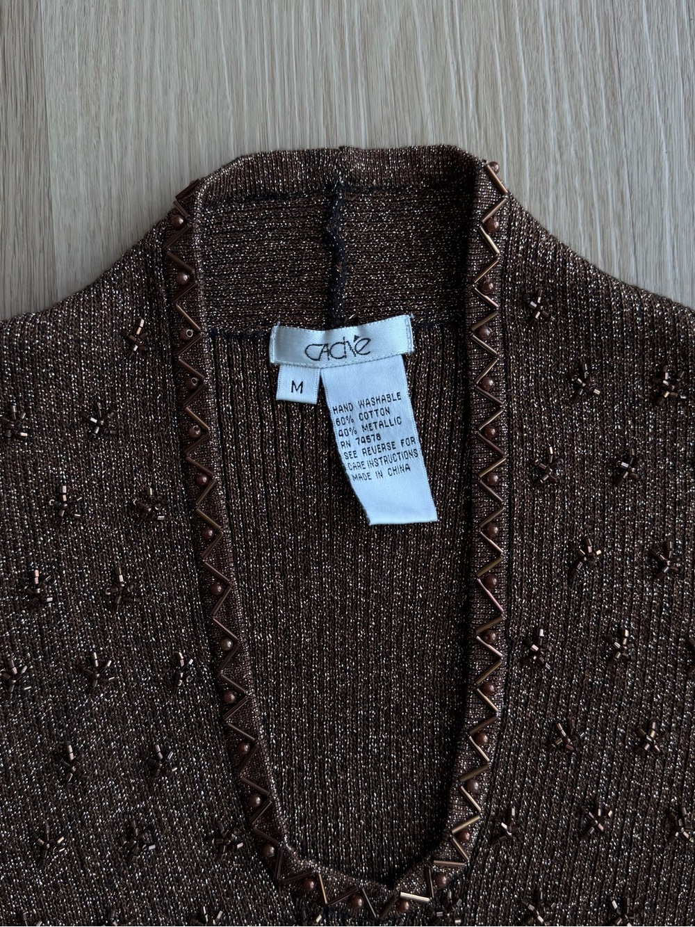 Vintage Cache Brown Metallic Beaded V-Neck Sleeveless Top M - Picture 3 of 6